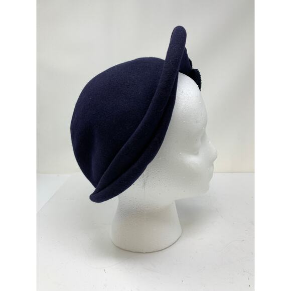 Vintage The Halle Bros Co Sculptural Hat Navy Blue Wool Beaded Front Detail